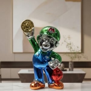 Modern metallic character sculpture holding a golden star coin with colorful reflective finish.
