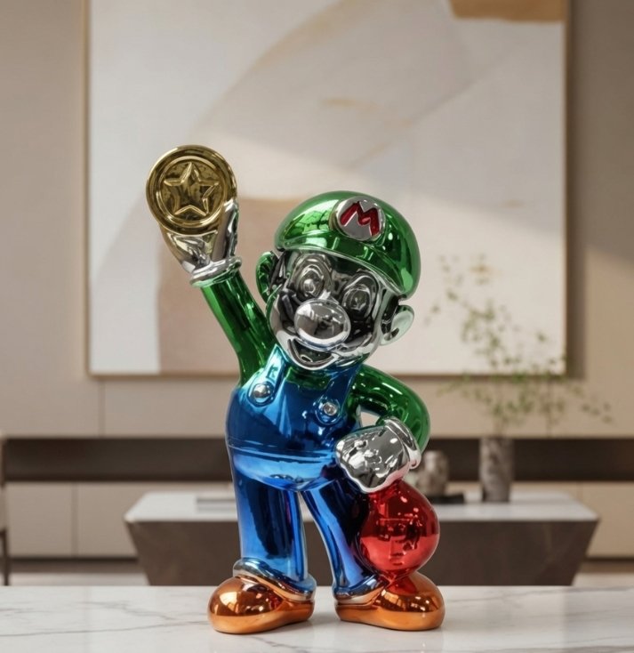 Victory Icon Sculpture – Contemporary Luxury Art Piece Modern metallic character sculpture holding a golden star coin with colorful reflective finish.