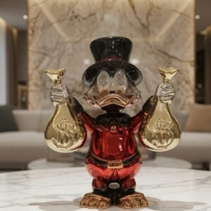 Luxury metallic prosperity sculpture holding golden money bags with red and black reflective finish.