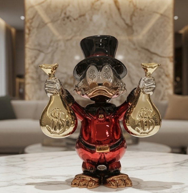 Prosperity Collector Sculpture – Luxury Statement Art Piece Luxury metallic prosperity sculpture holding golden money bags with red and black reflective finish.