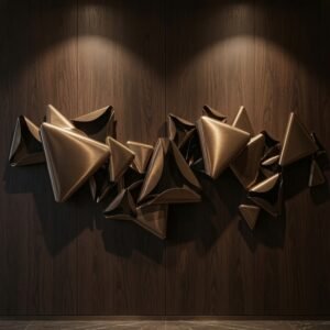 Luxury geometric metallic wall sculpture featuring abstract bronze and black dimensional forms.