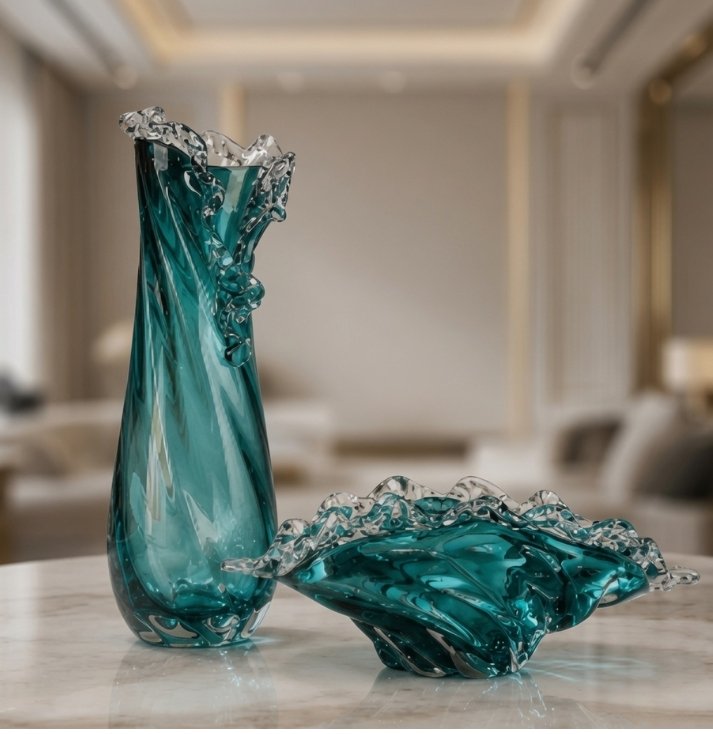 Azure Wave Art Glass Collection – Luxury Decorative Vase & Bowl Set Luxury blue art glass vase and decorative bowl with flowing wave-inspired sculptural design.