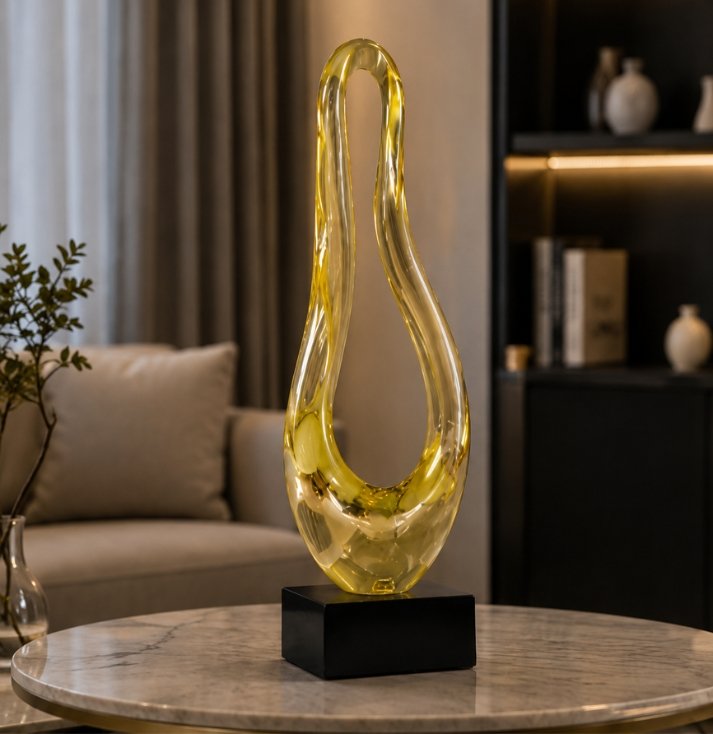 Golden Infinity Glass Sculpture – Luxury Modern Art Décor Luxury amber glass infinity sculpture with elegant fluid silhouette displayed on a black base.