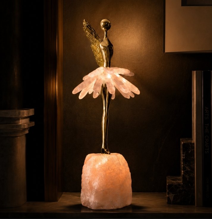 Celestial Rose Quartz Fairy Lamp – Luxury Crystal Art Lighting Luxury fairy sculpture lamp featuring rose quartz crystal petals and illuminated crystal base.
