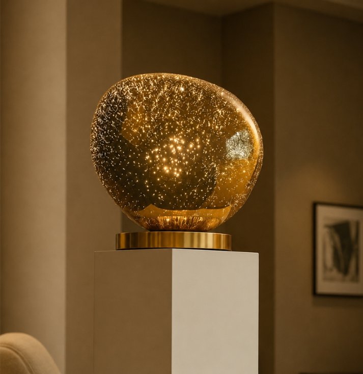 Celestial Glow Glass Orb Sculpture – Luxury Decorative Art Piece Luxury amber glass orb sculpture with celestial sparkling details on a premium metallic base.