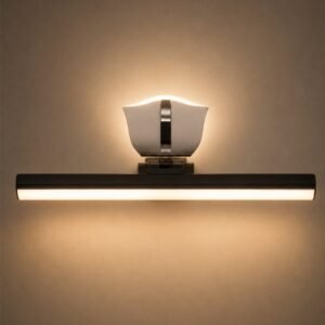 Modern luxury LED picture light with sculptural center detail and warm ambient illumination.