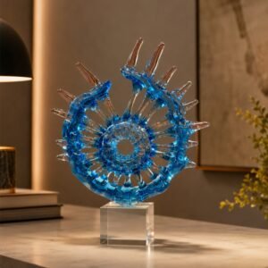 Luxury blue crystal nautilus shell sculpture displayed on a clear crystal pedestal.