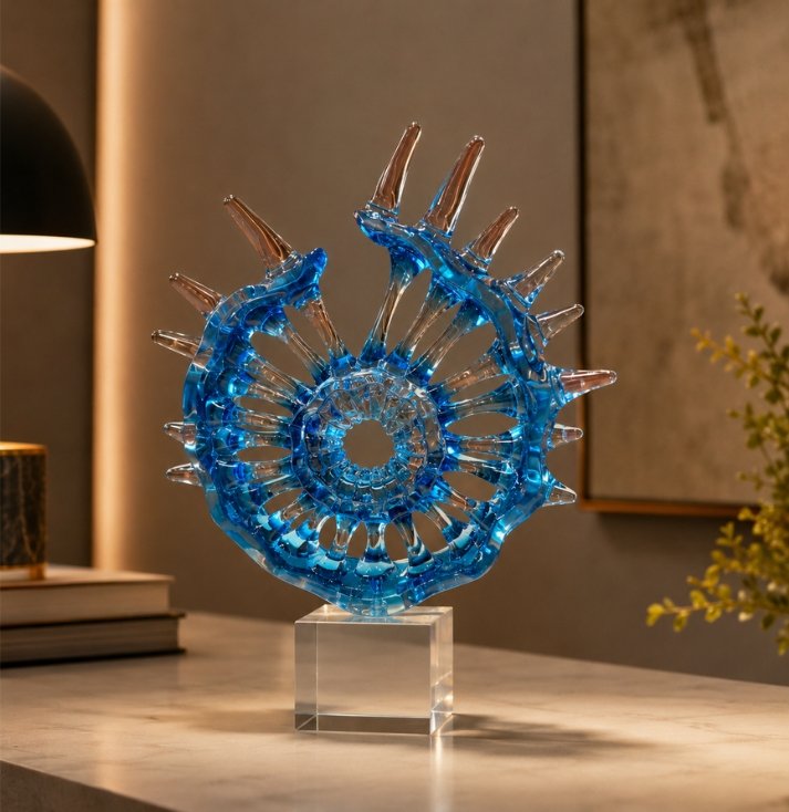 Nautilus Crystal Sculpture – Luxury Decorative Art Piece Luxury blue crystal nautilus shell sculpture displayed on a clear crystal pedestal.