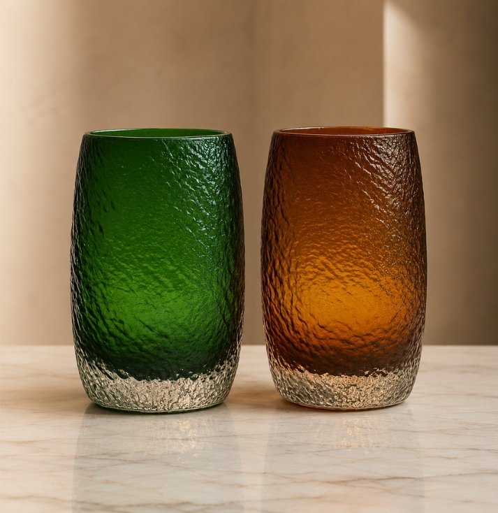 Verdant & Amber Artisan Glass Tumbler Set – Luxury Glassware Collection Luxury textured glass tumbler set featuring emerald green and amber artisan drinking glasses.