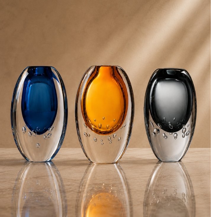 Aurora Trio Art Glass Sculpture Set – Luxury Decorative Collection Luxury three-piece art glass sculpture set featuring blue, amber, and black decorative glass accents displayed on a designer shelf.