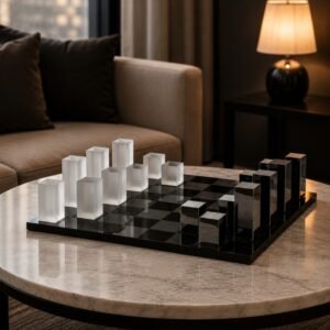Luxury modern chess set with geometric frosted white and polished black pieces on a sleek black chessboard, displayed as a decorative centerpiece on a marble coffee table.