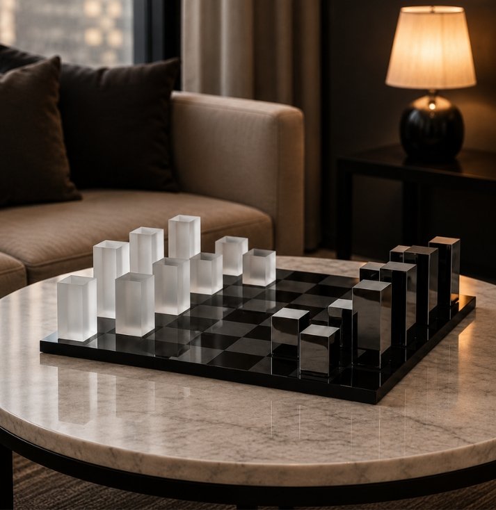 Monarch Luxe Chess Set – Modern Designer Chess Board Luxury modern chess set with geometric frosted white and polished black pieces on a sleek black chessboard, displayed as a decorative centerpiece on a marble coffee table.