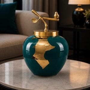 Luxury teal ceramic storage jar with gold detailing and a decorative bird perched on the lid, displayed as an elegant centerpiece on a modern living room coffee table.