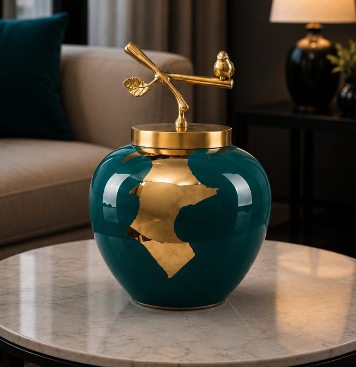 Luxury teal ceramic storage jar with gold detailing and a decorative bird perched on the lid, displayed as an elegant centerpiece on a modern living room coffee table.