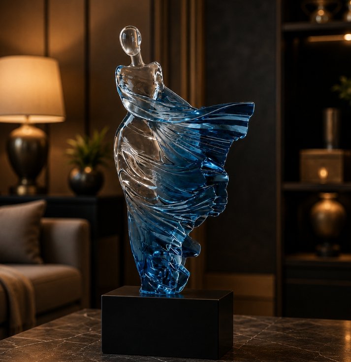 Luxury blue crystal glass sculpture featuring elegant flowing curves and artistic movement, displayed on a black pedestal as a contemporary decorative centerpiece in a sophisticated interior.