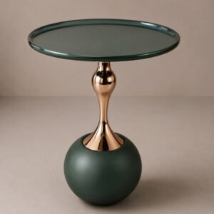 Luxury emerald green side table with glass top and polished gold pedestal base.