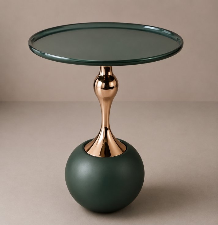 Verdant Aura Luxury Side Table Luxury emerald green side table with glass top and polished gold sculptural base for modern interiors.
