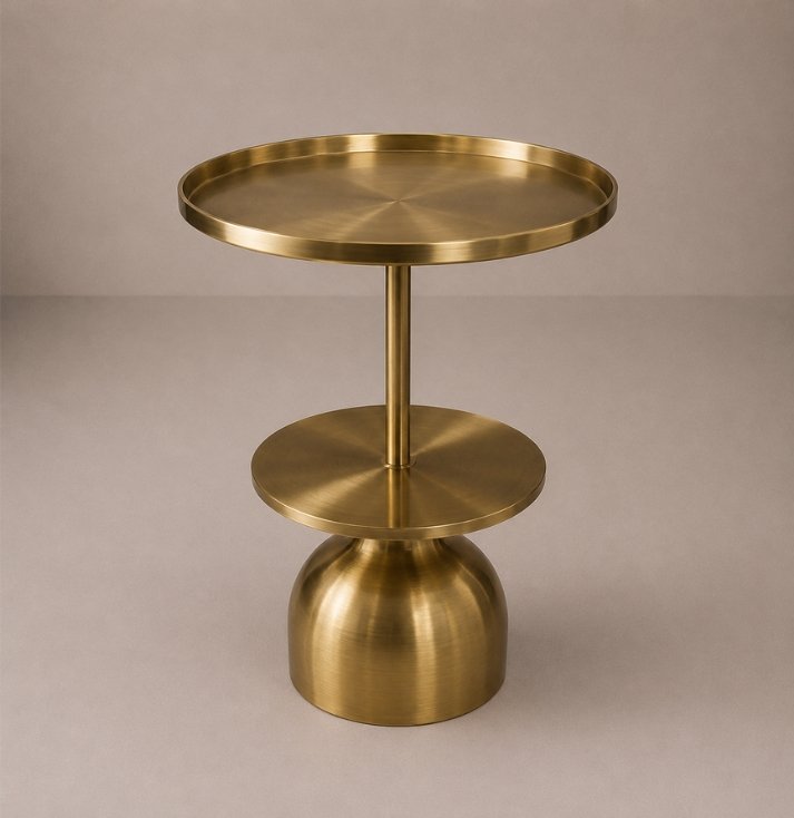 Aurelius Tiered Accent Side Table Luxury brushed gold two-tier side table with tray-style tabletop and sculptural pedestal base.
