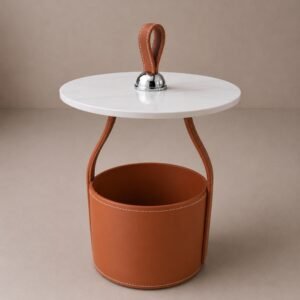 Luxury white top side table with leather storage basket base and designer carry handle.
