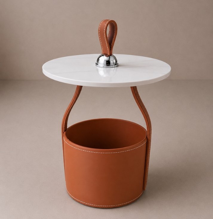 luxe carry side table Luxury white top side table with leather storage basket base and designer carry handle.