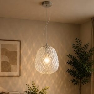 Luxury textured crystal glass pendant light with a diamond-pattern woven design, polished metal hardware, and warm ambient illumination in a sophisticated contemporary interior.