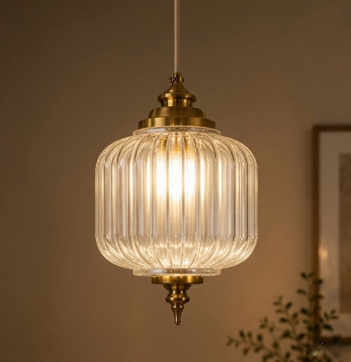 Aurora Ribbed Glass Pendant Light – Luxury Hanging Lamp Luxury ribbed glass pendant light with antique brass finish and warm ambient illumination.