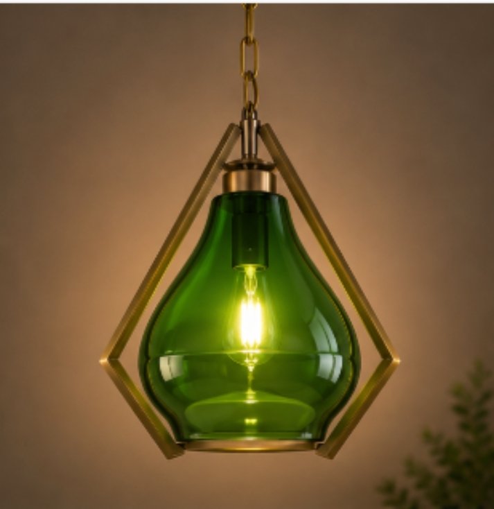 Emerald Prism Glass Pendant Light – Luxury Designer Hanging Lamp IMAGE CAPTION: A sophisticated emerald glass pendant light framed in brushed brass for timeless luxury interiors. Luxury emerald green glass pendant light with geometric brass frame and warm ambient glow.