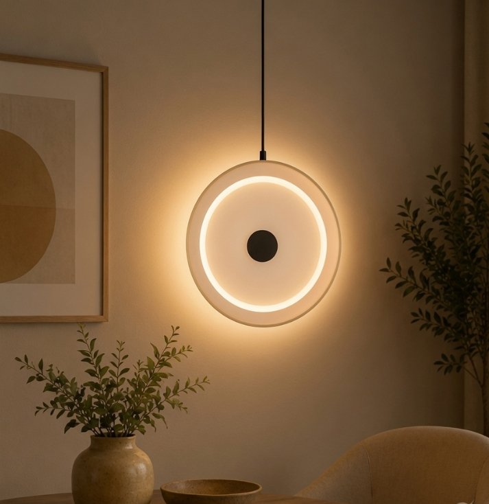 Halo Aura Modern Pendant Light – Luxury Circular LED Fixture Modern circular LED pendant light with illuminated halo ring and minimalist contemporary design.