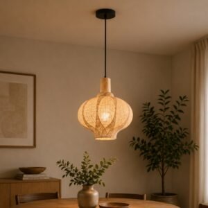 Luxury woven pendant light with a sculptural rattan-inspired shade, natural wood accents, and warm ambient illumination, suspended above a dining area in a modern organic interior.