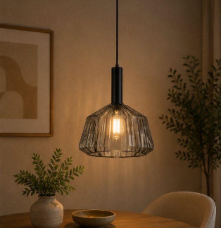 Smoked Prism Glass Pendant Light – Modern Luxury Pendant Lamp Modern smoked glass pendant light with geometric faceted shade and warm ambient illumination.