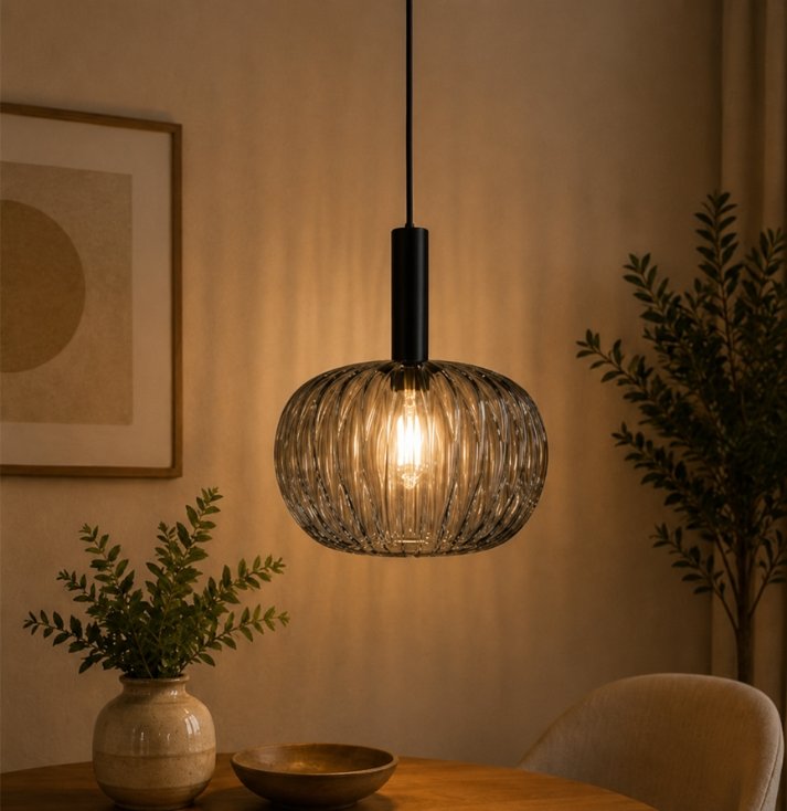 Orbital Smoked Glass Pendant Light – Modern Luxury Hanging Lamp Luxury smoked glass spherical pendant light with warm ambient glow and modern black suspension.