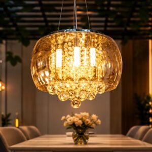 Luxury crystal chandelier with cascading crystal accents and warm golden illumination.