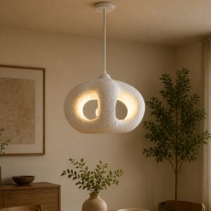 Luxury sculptural pendant light with a textured organic white finish, dual illuminated openings, and warm ambient lighting, suspended in a contemporary modern interior.