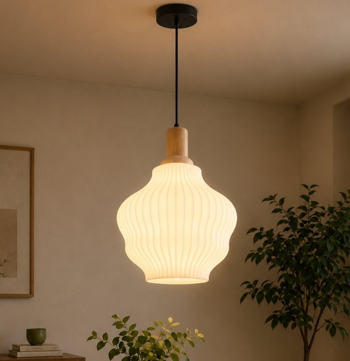 Luxury ribbed pendant light with a sculptural white shade, natural wood accents, and warm ambient illumination, suspended in a modern Scandinavian-inspired interior.