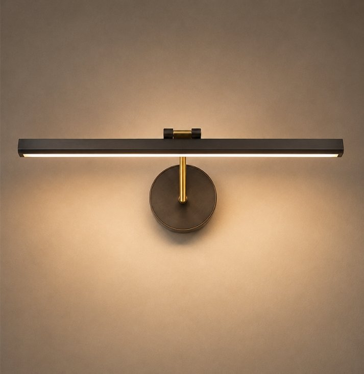Linear Luxe LED Picture Light – Modern Luxury Wall Fixture Modern linear LED picture light with brass detailing and warm ambient illumination.