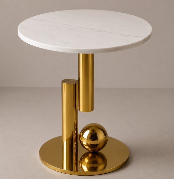 Luxury white marble accent table with a sculptural gold metal base featuring geometric cylindrical elements and a polished gold sphere, designed for modern and contemporary interiors.