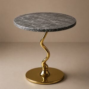 Luxury black marble accent table featuring a round marble top and sculptural gold serpentine pedestal base, designed for modern, contemporary, and high-end interior spaces.