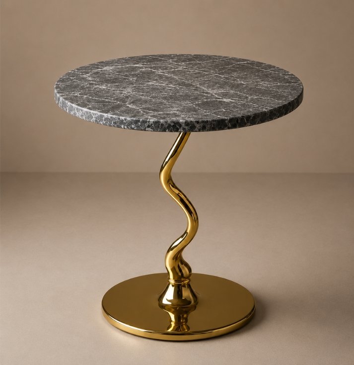 Luxury black marble accent table featuring a round marble top and sculptural gold serpentine pedestal base, designed for modern, contemporary, and high-end interior spaces.