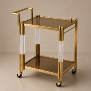 Luxury gold bar cart with crystal-inspired acrylic columns, smoked glass shelves, and caster wheels, designed for elegant entertaining and sophisticated modern interiors.