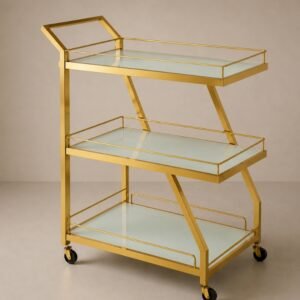 Luxury three-tier display cart with a gold metal frame, frosted glass shelves, and caster wheels, designed for elegant entertaining, stylish storage, and modern interior décor.
