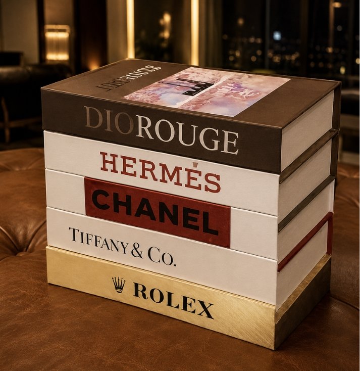 Maison Luxe Designer Decorative Book Box Set – 5 Piece Collection Luxury five-piece designer decorative book box set styled for modern shelves and coffee tables.