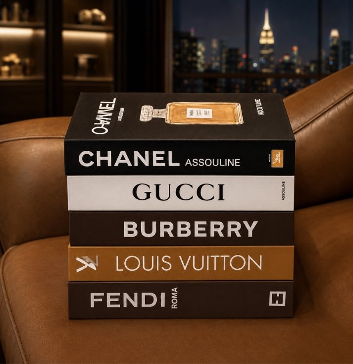 Prestige Fashion House Decorative Book Box Set – Luxury Styling Collection Luxury decorative fashion-inspired book box set displayed on a designer wooden bookshelf.